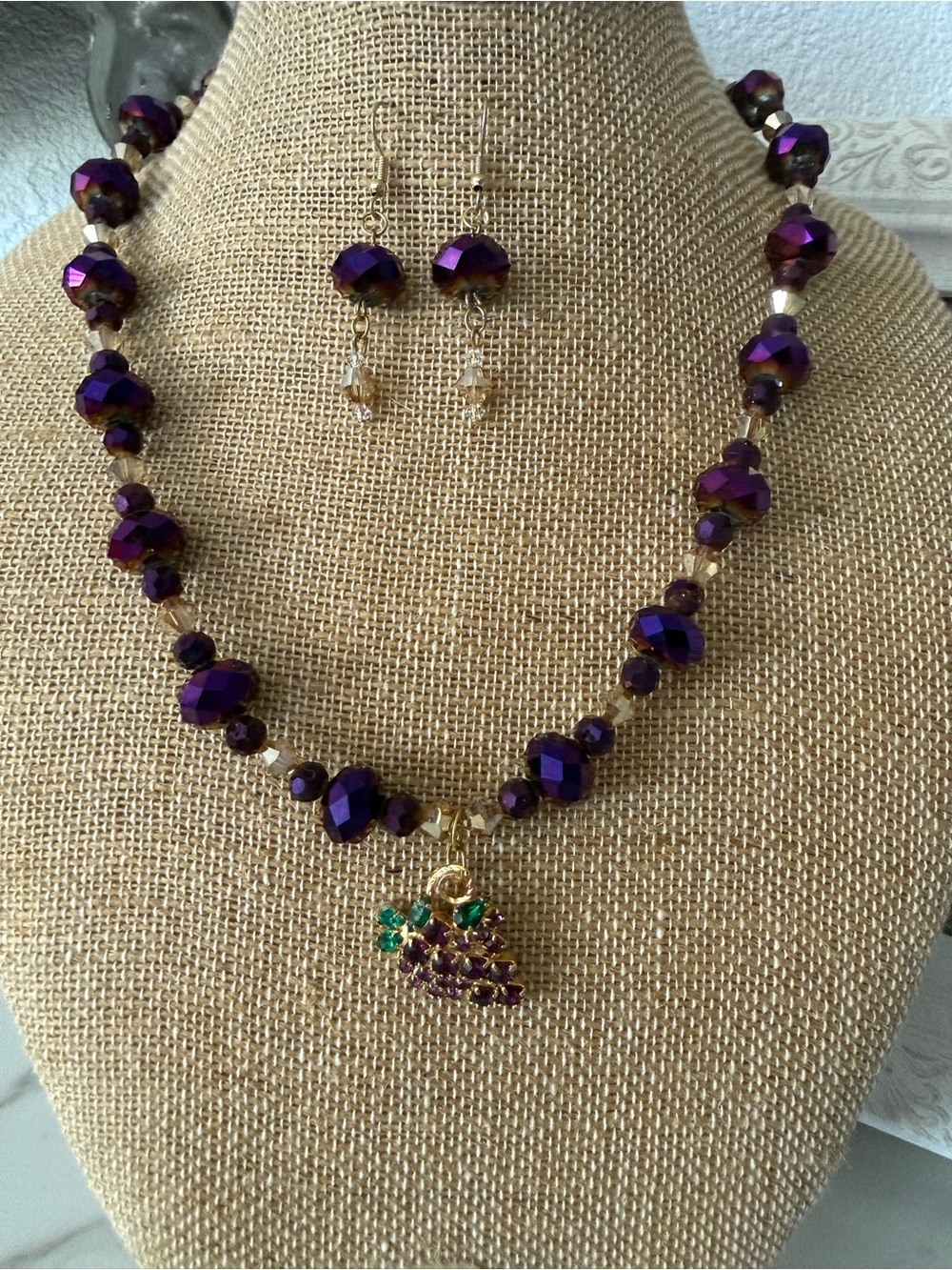Purple Beaded Necklace and Earrings Set with Grape Charm - Unbranded